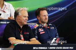 (L to R): Gene Haas (USA) Haas Automotion President with Christian Horner (GBR) Red Bull Racing Team Principal in the FIA Press Conference. 21.10.2016. Formula 1 World Championship, Rd 18, United States Grand Prix, Austin, Texas, USA, Practice Day.