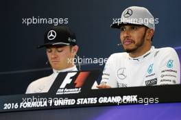 Lewis Hamilton (GBR) Mercedes AMG F1 with team mate Nico Rosberg (GER) Mercedes AMG F1 in the FIA Press Conference. 23.10.2016. Formula 1 World Championship, Rd 18, United States Grand Prix, Austin, Texas, USA, Race Day.