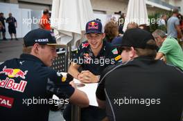 (L to R): Max Verstappen (NLD) Red Bull Racing with Pierre Gasly (FRA) Red Bull Racing Third Driver and Conor Daly (USA). 20.10.2016. Formula 1 World Championship, Rd 18, United States Grand Prix, Austin, Texas, USA, Preparation Day.