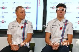(L to R): Valtteri Bottas (FIN) Williams and Lance Stroll (CDN) Williams are announced as the 2017 Williams F1 drivers. 03.11.2016. Williams Driver Line-Up Announcement. Williams F1 Headquarters, Grove, England.