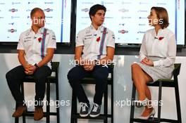(L to R): Valtteri Bottas (FIN) Williams and Lance Stroll (CDN) Williams are announced as the 2017 Williams F1 drivers, with Claire Williams (GBR) Williams Deputy Team Principal. 03.11.2016. Williams Driver Line-Up Announcement. Williams F1 Headquarters, Grove, England.