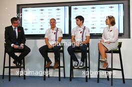 (L to R): David Croft (GBR) Sky Sports Commentator; Valtteri Bottas (FIN) Williams and Lance Stroll (CDN) Williams Development Driver, who are announced as the 2017 Williams F1 drivers, with Claire Williams (GBR) Williams Deputy Team Principal. 03.11.2016. Williams Driver Line-Up Announcement. Williams F1 Headquarters, Grove, England.