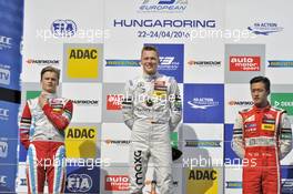 podium, Ralf Aron (EST) Prema Powerteam Dallara F312 – Mercedes-Benz, Maximilian Günther (GER) Prema Powerteam Dallara F312 – Mercedes-Benz, Guanyu Zhou (CHN) Motopark Dallara F312 – Volkswagen,  23.04.2016. FIA F3 European Championship 2016, Round 2, Race 2, Hungaroring, Hungary