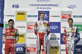 podium, rookies, Guanyu Zhou (CHN) Motopark Dallara F312 – Volkswagen, Ralf Aron (EST) Prema Powerteam Dallara F312 – Mercedes-Benz, Ben Barnicoat (GBR) HitechGP Dallara F312 – Mercedes-Benz,  23.04.2016. FIA F3 European Championship 2016, Round 2, Race 2, Hungaroring, Hungary