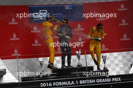 Race 1, 1st position Pierre Gasly (FRA) PREMA Racing, 2nd position  Antonio Giovinazzi (ITA) PREMA Racing and 3rd position Oliver Rowland (GBR) MP Motorsport 09.07.2016. GP2 Series, Rd 5, Silverstone, England, Saturday.