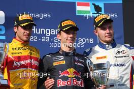Race 1, 1st position Pierre Gasly (FRA) PREMA Racing, 2nd position  Antonio Giovinazzi (ITA) PREMA Racing and 3rd position Sergey Sirotkin (RUS) Art Grand Prix 23.07.2016. GP2 Series, Rd 6, Budapest, Hungary, Saturday.