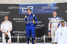 Race 2, 1st place Alex Lynn (GBR) Dams, 2nd place Johnny Cecotto Jr. (VEN) Rapax and 3rd place Sergey Sirotkin (RUS) Art Grand Prix 27.11.2016. GP2 Series, Rd 11, Yas Marina Circuit, Abu Dhabi, UAE, Sunday.