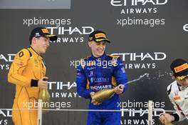 Race 2, 1st place Jake Hughes (GBR) DAMS, 2nd place Jack Aitken (GBR) Arden Internationa and 3rd place Nirei Fukuzumi (JAP) ART Grand Prix 27.11.2016. GP3 Series, Rd 9, Yas Marina Circuit, Abu Dhabi, UAE, Sunday.