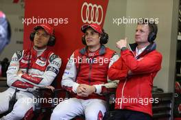 (L to R): Andre Lotterer (GER) Audi Sport Team Joest with Oliver Jarvis (GBR) Audi Sport Team Joest and Allan McNish (GBR). 15.06.2016. FIA World Endurance Championship Le Mans 24 Hours, Practice and Qualifying, Le Mans, France. Wednesday.