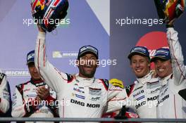 (L to R): Race winners Mark Webber (AUS) / Brendon Hartley (NZL) and Timo Bernhard (GER) #01 Porsche Team Porsche 919 Hybrid celebrate on the podium.  03.09.2016. FIA World Endurance Championship, Rd 5, 6 Hours of Mexico, Mexico City, Mexico.