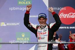 Stephane Sarrazin (FRA) Toyota Gazoo Racing on the podium. 03.09.2016. FIA World Endurance Championship, Rd 5, 6 Hours of Mexico, Mexico City, Mexico.