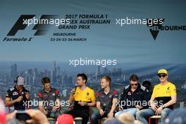 Drivers forum, Jolyon Palmer (GBR) Renault Sport F1 Team  and Nico Hulkenberg (GER) Renault Sport F1 Team  26.03.2017. Formula 1 World Championship, Rd 1, Australian Grand Prix, Albert Park, Melbourne, Australia, Race Day.