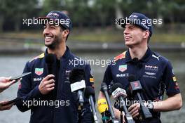 (L to R): Daniel Ricciardo (AUS) Red Bull Racing and team mate Max Verstappen (NLD) Red Bull Racing with the media after dinghy racing on the Yarra River. 22.03.2017. Formula 1 World Championship, Rd 1, Australian Grand Prix, Albert Park, Melbourne, Australia, Preparation Day.