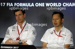 (L to R): Toto Wolff (GER) Mercedes AMG F1 Shareholder and Executive Director and Yusuke Hasegawa (JPN) Head of Honda F1 Programme in the FIA Press Conference. 07.07.2017. Formula 1 World Championship, Rd 9, Austrian Grand Prix, Spielberg, Austria, Practice Day.