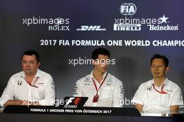 The FIA Press Conference (L to R): Eric Boullier (FRA) McLaren Racing Director; Toto Wolff (GER) Mercedes AMG F1 Shareholder and Executive Director; Yusuke Hasegawa (JPN) Head of Honda F1 Programme. 07.07.2017. Formula 1 World Championship, Rd 9, Austrian Grand Prix, Spielberg, Austria, Practice Day.