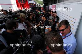 Sergio Perez (MEX) Sahara Force India F1 with the media. 06.07.2017. Formula 1 World Championship, Rd 9, Austrian Grand Prix, Spielberg, Austria, Preparation Day.