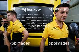 (L to R): Nico Hulkenberg (GER) Renault Sport F1 Team and team mate Jolyon Palmer (GBR) Renault Sport F1 Team with the media. 06.07.2017. Formula 1 World Championship, Rd 9, Austrian Grand Prix, Spielberg, Austria, Preparation Day.