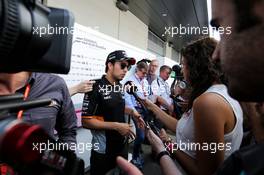 Sergio Perez (MEX) Sahara Force India F1 with the media. 06.07.2017. Formula 1 World Championship, Rd 9, Austrian Grand Prix, Spielberg, Austria, Preparation Day.