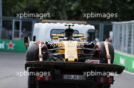 The Renault Sport F1 Team RS17 of Nico Hulkenberg (GER) Renault Sport F1 Team is recovered back to the pits on the back of a truck. 23.06.2017. Formula 1 World Championship, Rd 8, Azerbaijan Grand Prix, Baku Street Circuit, Azerbaijan, Practice Day.