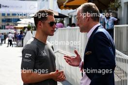 (L to R): Stoffel Vandoorne (BEL) McLaren with Sean Bratches (USA) Formula 1 Managing Director, Commercial Operations. 23.06.2017. Formula 1 World Championship, Rd 8, Azerbaijan Grand Prix, Baku Street Circuit, Azerbaijan, Practice Day.