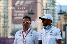 Lewis Hamilton (GBR) Mercedes AMG F1 with Ron Meadows (GBR) Mercedes GP Team Manager. 23.06.2017. Formula 1 World Championship, Rd 8, Azerbaijan Grand Prix, Baku Street Circuit, Azerbaijan, Practice Day.