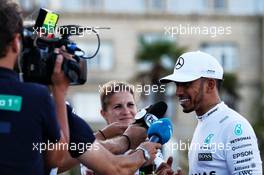 Lewis Hamilton (GBR) Mercedes AMG F1 with the media. 24.06.2017. Formula 1 World Championship, Rd 8, Azerbaijan Grand Prix, Baku Street Circuit, Azerbaijan, Qualifying Day.