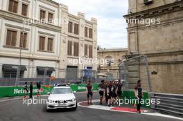 Kevin Magnussen (DEN) Haas F1 Team walks the circuit with the team. 22.06.2017. Formula 1 World Championship, Rd 8, Azerbaijan Grand Prix, Baku Street Circuit, Azerbaijan, Preparation Day.