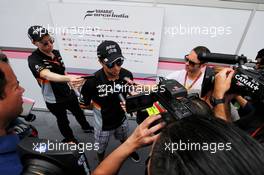 Sergio Perez (MEX) Sahara Force India F1 with the media. 22.06.2017. Formula 1 World Championship, Rd 8, Azerbaijan Grand Prix, Baku Street Circuit, Azerbaijan, Preparation Day.