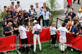 (L to R): Esteban Ocon (FRA) Sahara Force India F1 Team and team mate Sergio Perez (MEX) Sahara Force India F1 in the Interview Area. 27.08.2017. Formula 1 World Championship, Rd 12, Belgian Grand Prix, Spa Francorchamps, Belgium, Race Day.