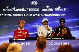 The post race FIA Press Conference (L to R): Sebastian Vettel (GER) Ferrari, second; Lewis Hamilton (GBR) Mercedes AMG F1, race winner; Daniel Ricciardo (AUS) Red Bull Racing, third. 27.08.2017. Formula 1 World Championship, Rd 12, Belgian Grand Prix, Spa Francorchamps, Belgium, Race Day.