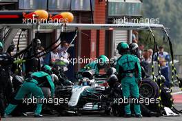 Valtteri Bottas (FIN) Mercedes AMG F1 W08 makes a pit stop. 27.08.2017. Formula 1 World Championship, Rd 12, Belgian Grand Prix, Spa Francorchamps, Belgium, Race Day.