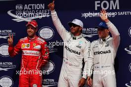 Qualifying top three in parc ferme (L to R): Sebastian Vettel (GER) Ferrari, second; Lewis Hamilton (GBR) Mercedes AMG F1, pole position; Valtteri Bottas (FIN) Mercedes AMG F1, third. 26.08.2017. Formula 1 World Championship, Rd 12, Belgian Grand Prix, Spa Francorchamps, Belgium, Qualifying Day.