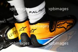Alpinestars racing boots of Jolyon Palmer (GBR) Renault Sport F1 Team. 14.04.2017. Formula 1 World Championship, Rd 3, Bahrain Grand Prix, Sakhir, Bahrain, Practice Day