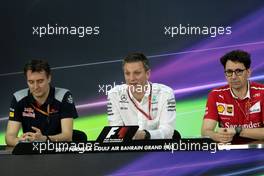 The FIA Press Conference (L to R): James Key (GBR) Scuderia Toro Rosso Technical Director; James Allison (GBR) Mercedes AMG F1 Technical Director; Mattia Binotto (ITA) Ferrari Chief Technical Officer. 14.04.2017. Formula 1 World Championship, Rd 3, Bahrain Grand Prix, Sakhir, Bahrain, Practice Day
