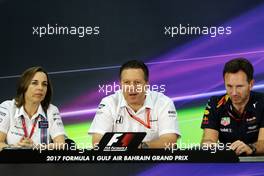 The FIA Press Conference (L to R): Claire Williams (GBR) Williams Deputy Team Principal; Zak Brown (USA) McLaren Executive Director; Christian Horner (GBR) Red Bull Racing Team Principal. 14.04.2017. Formula 1 World Championship, Rd 3, Bahrain Grand Prix, Sakhir, Bahrain, Practice Day