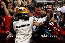 Lewis Hamilton (GBR) Mercedes AMG F1 celebrates his second position in parc ferme. 16.04.2017. Formula 1 World Championship, Rd 3, Bahrain Grand Prix, Sakhir, Bahrain, Race Day.