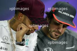 (L to R): Lewis Hamilton (GBR) Mercedes AMG F1 and Fernando Alonso (ESP) McLaren in the FIA Press Conference. 08.06.2017. Formula 1 World Championship, Rd 7, Canadian Grand Prix, Montreal, Canada, Preparation Day.