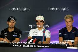 The FIA Press Conference (L to R): Sergio Perez (MEX) Sahara Force India F1; Lance Stroll (CDN) Williams; Marcus Ericsson (SWE) Sauber F1 Team. 08.06.2017. Formula 1 World Championship, Rd 7, Canadian Grand Prix, Montreal, Canada, Preparation Day.