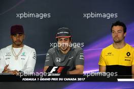 The FIA Press Conference (L to R): Lewis Hamilton (GBR) Mercedes AMG F1; Fernando Alonso (ESP) McLaren; Jolyon Palmer (GBR) Renault Sport F1 Team. 08.06.2017. Formula 1 World Championship, Rd 7, Canadian Grand Prix, Montreal, Canada, Preparation Day.