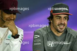 (L to R): Lewis Hamilton (GBR) Mercedes AMG F1 and Fernando Alonso (ESP) McLaren in the FIA Press Conference. 08.06.2017. Formula 1 World Championship, Rd 7, Canadian Grand Prix, Montreal, Canada, Preparation Day.