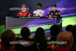 The post race FIA Press Conference (L to R): Sebastian Vettel (GER) Ferrari; Lewis Hamilton (GBR) Mercedes AMG F1; Max Verstappen (NLD) Red Bull Racing. 09.04.2017. Formula 1 World Championship, Rd 2, Chinese Grand Prix, Shanghai, China, Race Day.