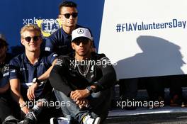 Lewis Hamilton (GBR) Mercedes AMG F1, Marcus Ericsson (SWE) Sauber F1 Team, and Pascal Wehrlein (GER) Sauber F1 Team, as FIA Volunteers Day is celebrated. 12.05.2017. Formula 1 World Championship, Rd 5, Spanish Grand Prix, Barcelona, Spain, Practice Day.