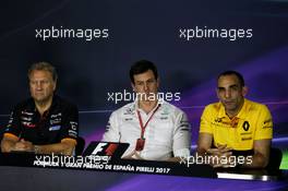 The FIA Press Conference (L to R): Robert Fernley (GBR) Sahara Force India F1 Team Deputy Team Principal; Toto Wolff (GER) Mercedes AMG F1 Shareholder and Executive Director; Cyril Abiteboul (FRA) Renault Sport F1 Managing Director. 12.05.2017. Formula 1 World Championship, Rd 5, Spanish Grand Prix, Barcelona, Spain, Practice Day.