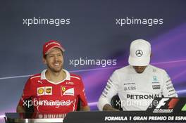 (L to R): Sebastian Vettel (GER) Ferrari and Lewis Hamilton (GBR) Mercedes AMG F1 in the FIA Press Conference. 14.05.2017. Formula 1 World Championship, Rd 5, Spanish Grand Prix, Barcelona, Spain, Race Day.