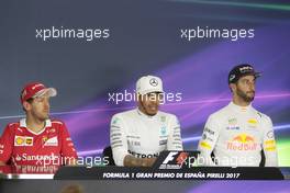The post race FIA Press Conference (L to R): Sebastian Vettel (GER) Ferrari, second; Lewis Hamilton (GBR) Mercedes AMG F1, race winner; Daniel Ricciardo (AUS) Red Bull Racing, third. 14.05.2017. Formula 1 World Championship, Rd 5, Spanish Grand Prix, Barcelona, Spain, Race Day.