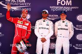 Qualifying top three in parc ferme (L to R): Sebastian Vettel (GER) Ferrari, second; Lewis Hamilton (GBR) Mercedes AMG F1, pole position; Valtteri Bottas (FIN) Mercedes AMG F1, third. 13.05.2017. Formula 1 World Championship, Rd 5, Spanish Grand Prix, Barcelona, Spain, Qualifying Day.