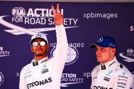 (L to R): Lewis Hamilton (GBR) Mercedes AMG F1 celebrates his pole position in parc ferme with team mate Valtteri Bottas (FIN) Mercedes AMG F1. 13.05.2017. Formula 1 World Championship, Rd 5, Spanish Grand Prix, Barcelona, Spain, Qualifying Day.