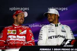 (L to R): Sebastian Vettel (GER) Ferrari with Lewis Hamilton (GBR) Mercedes AMG F1 in the FIA Press Conference. 13.05.2017. Formula 1 World Championship, Rd 5, Spanish Grand Prix, Barcelona, Spain, Qualifying Day.