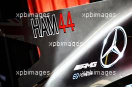 New compulsory #44 and HAM on the engine cover of Lewis Hamilton (GBR) Mercedes AMG F1. 11.05.2017. Formula 1 World Championship, Rd 5, Spanish Grand Prix, Barcelona, Spain, Preparation Day.