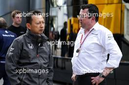 (L to R): Yusuke Hasegawa (JPN) Head of Honda F1 Programme with Eric Boullier (FRA) McLaren Racing Director. 11.05.2017. Formula 1 World Championship, Rd 5, Spanish Grand Prix, Barcelona, Spain, Preparation Day.